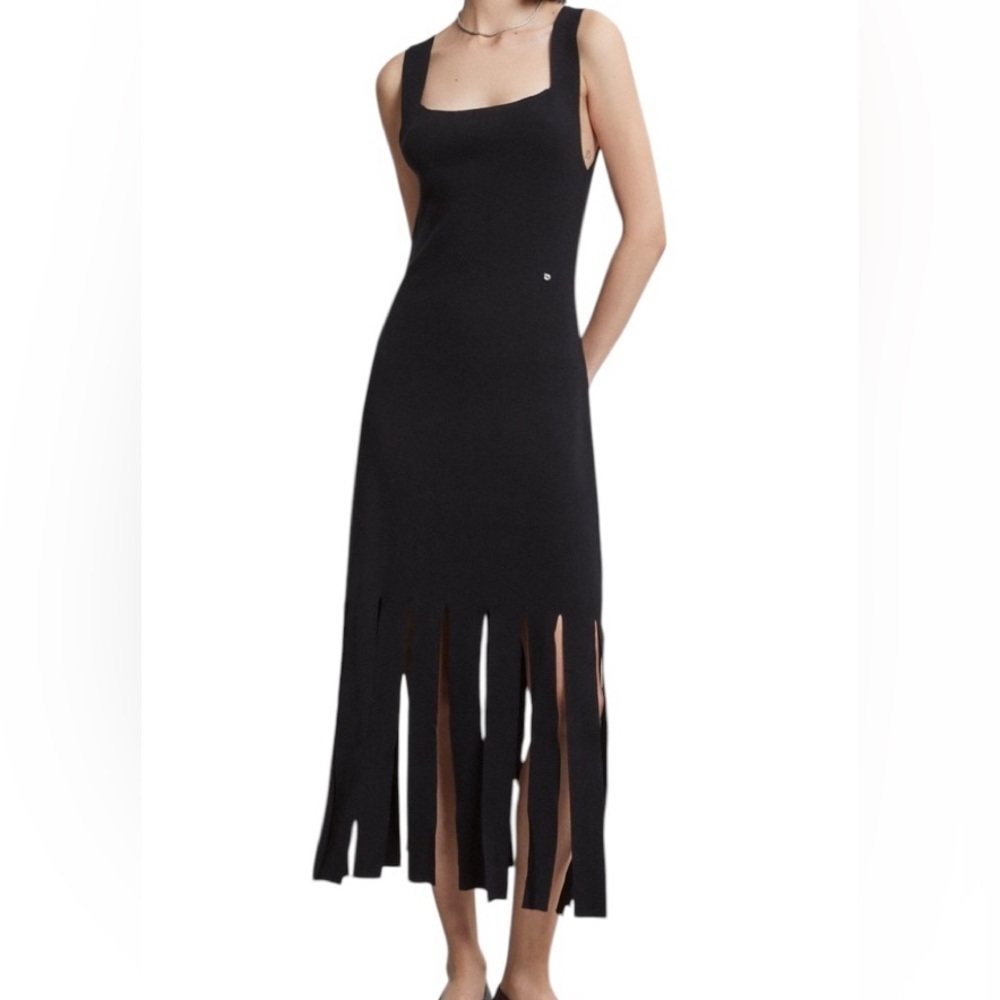 Style Works Chic Black Tea length Fringe cocktail party dress wedding guest